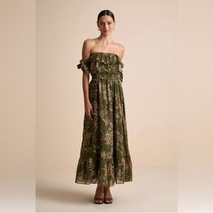 Lulus Olive Green Floral Print Off-the-Shoulder Dress NWT